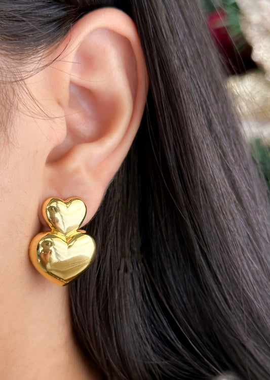 Aros Corazon Doble Dorados Lisos