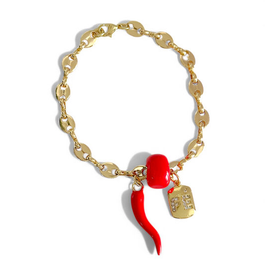 Pulsera Eslabon Gucci con Cuerno Rojo y Colgante Fe