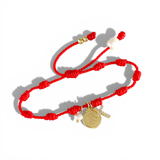 Pulsera Hilo Rojo Moneda+Cruz+Perla de Rio