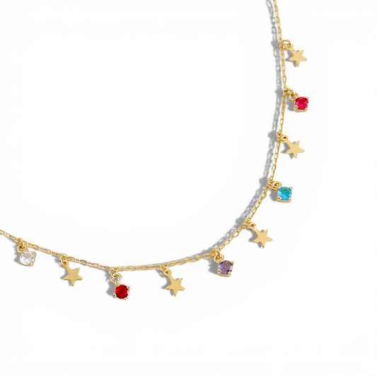 Cadena Corta mini estrellas y puntos de luz multicolor, enchapada en oro 18k Hipoalergénica.