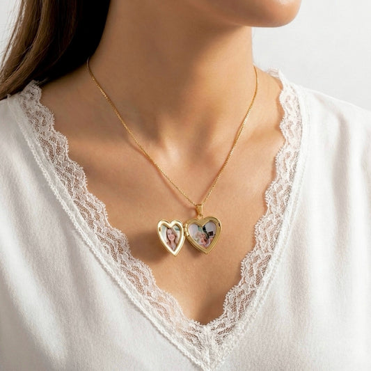 Collar Relicario Corazon Liso + 2 Fotos joya mujer enchapado oro 18k collar colgante regalo