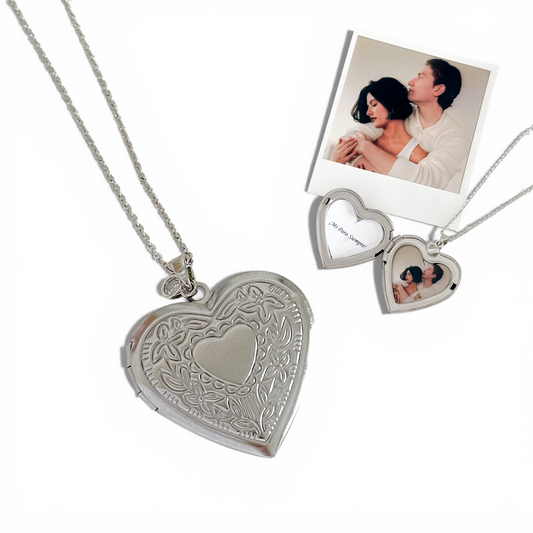 Collar relicario de corazón con diseño vintage apertura con espacio para 2 fotos personalizadas acero inoxidable