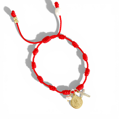 Pulsera Hilo Rojo Moneda+Cruz+Perla de Rio joya mujer enchapado oro 18k pulsera accesorio