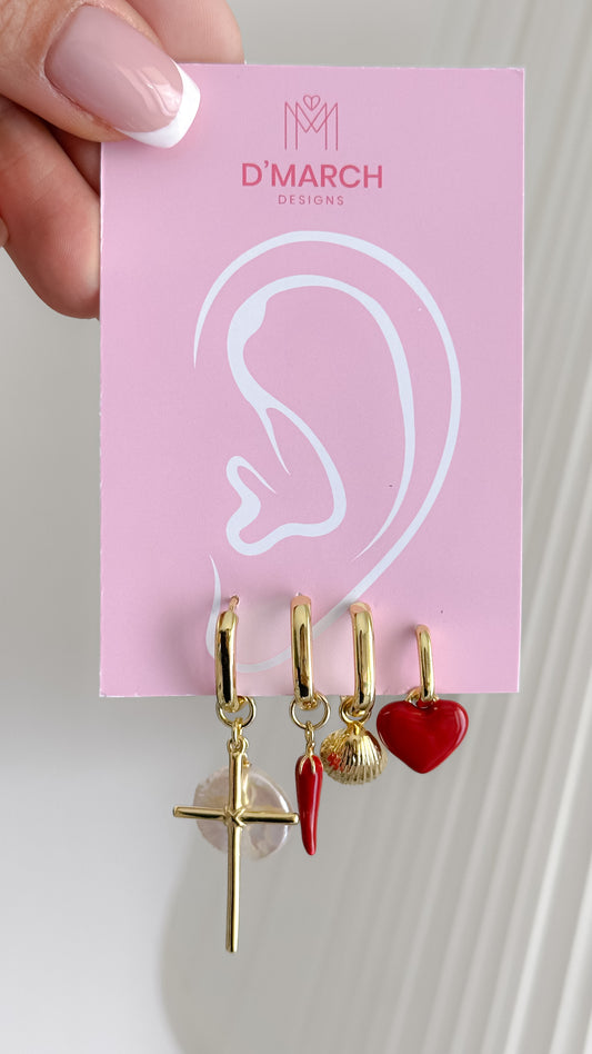 Aros Desiguales Cruz + Aji + Concha + Corazon joya mujer enchapado oro 18k aros moda chile