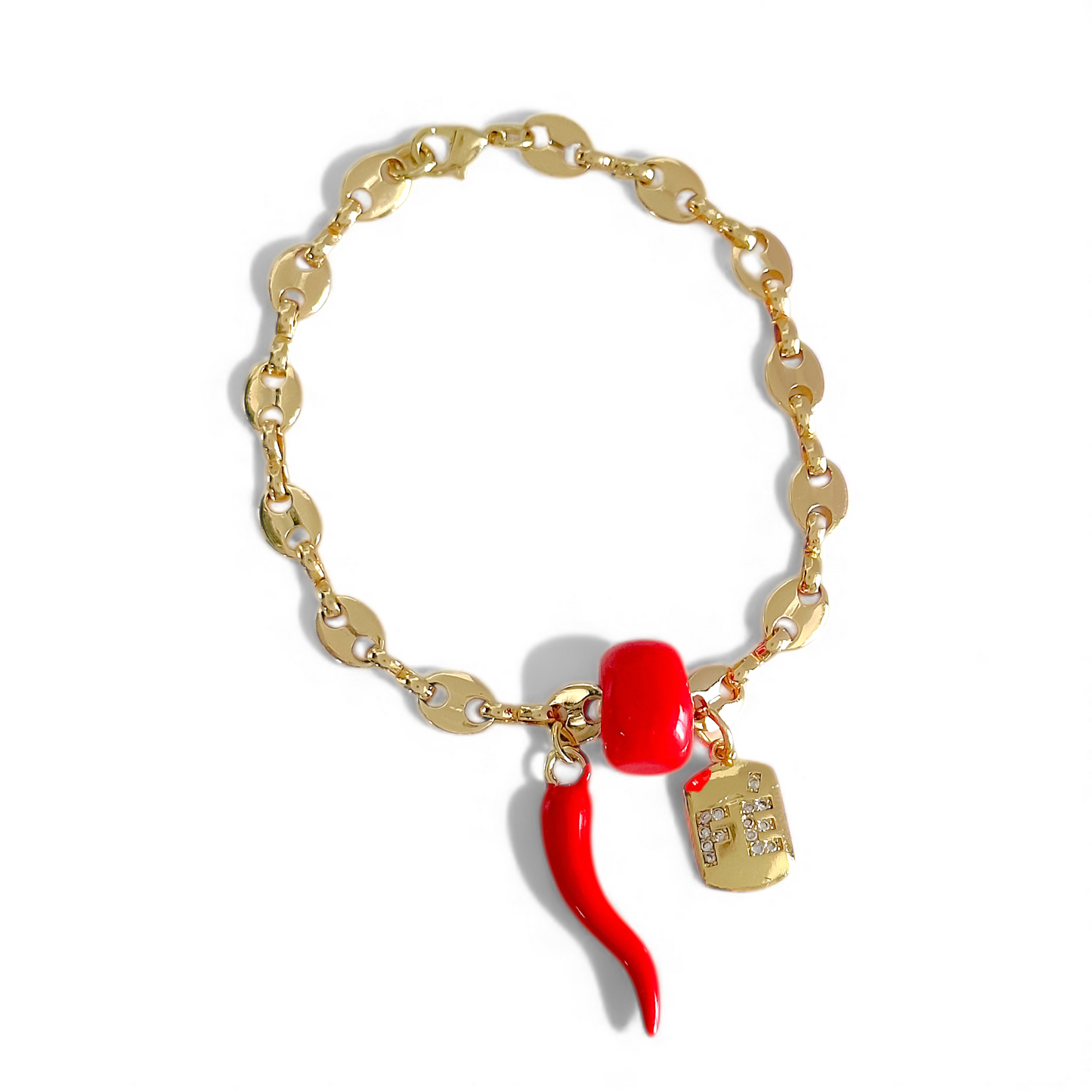 Pulsera Eslabon Gucci con Cuerno Rojo y Colgante Fe