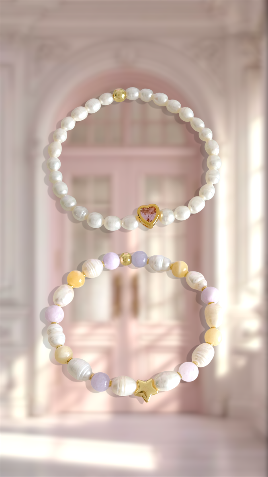 Pulsera de Perlas de Rio y Corazon Rosa