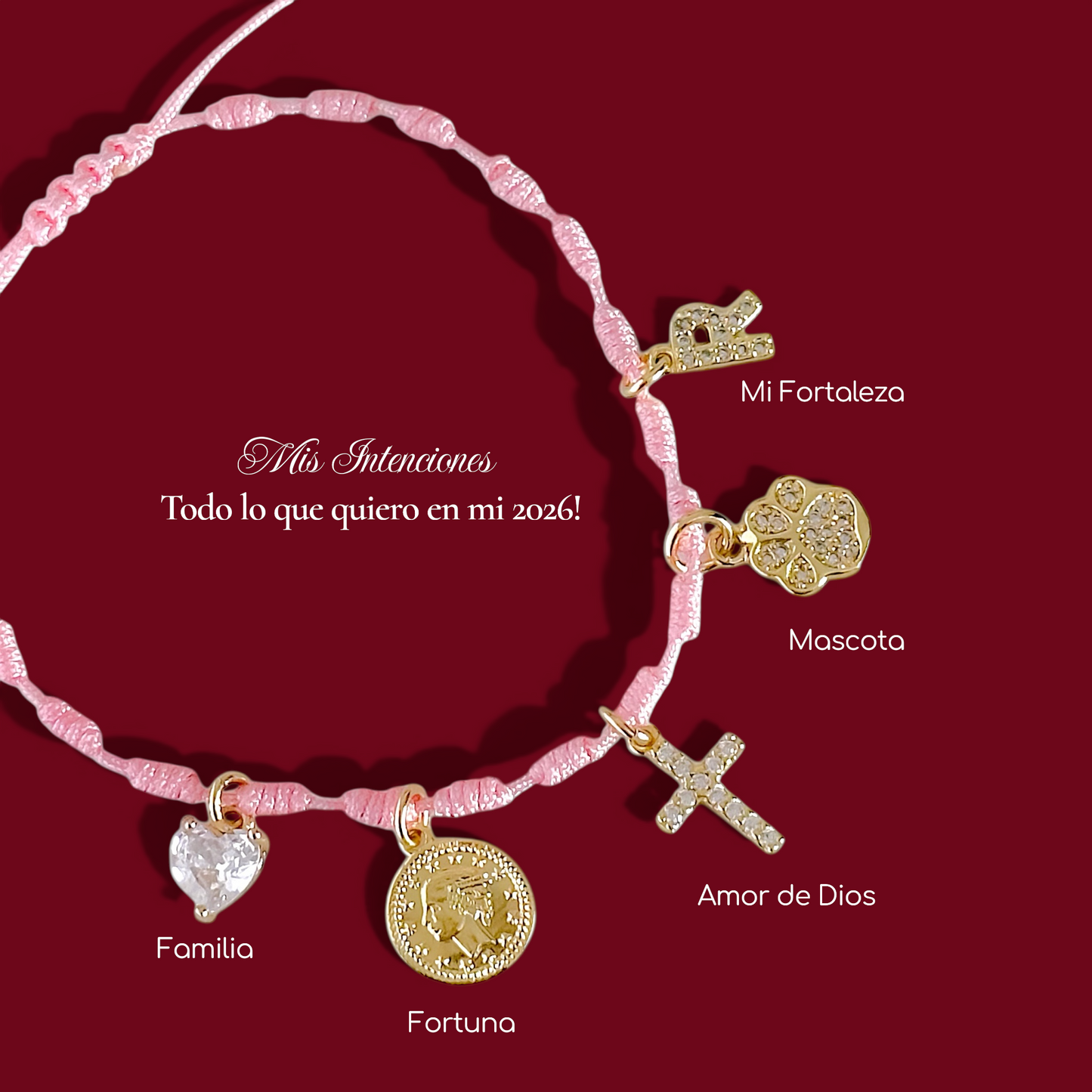 Pulsera Hilo Rosado Mis intenciones detalle joya mujer enchapado oro 18k pulsera accesorio
