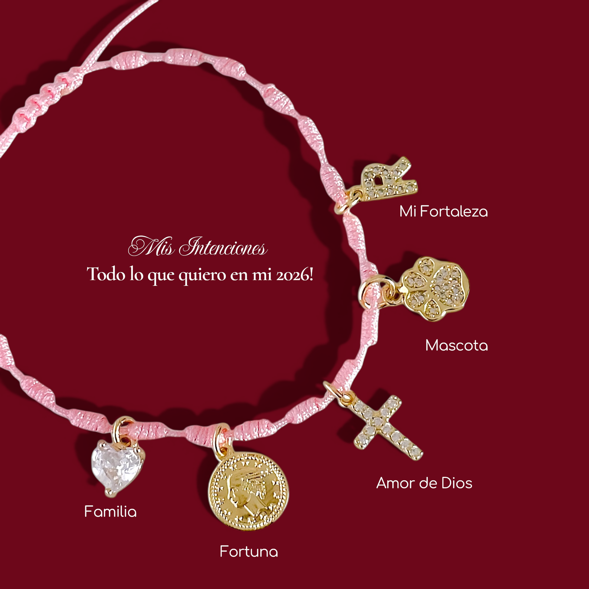 Pulsera Hilo Rosado Mis intenciones detalle joya mujer enchapado oro 18k pulsera accesorio