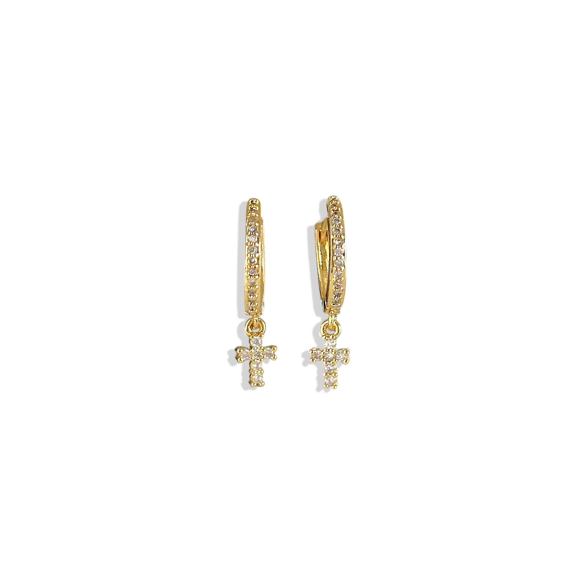 Argollas huggies con circones y cruz enchapadas en oro 18K hipoalergénicas - D'march Designs Chile
