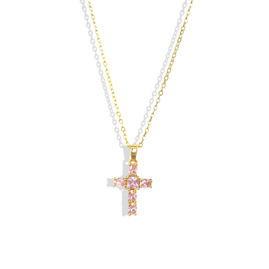 Cadena cruz rosa con circones rosados enchapada en oro 18K hipoalergénica - D'march Designs Chile