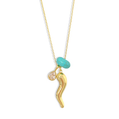 Cadena con dije cuerno enchapado en oro piedra turquesa reconstituida y cristal punto de luz bronce enchapado en oro 18K - D'march Designs Chile