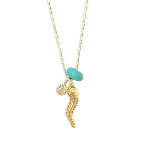 Cadena con dije cuerno enchapado en oro piedra turquesa reconstituida y cristal punto de luz bronce enchapado en oro 18K - D'march Designs Chile