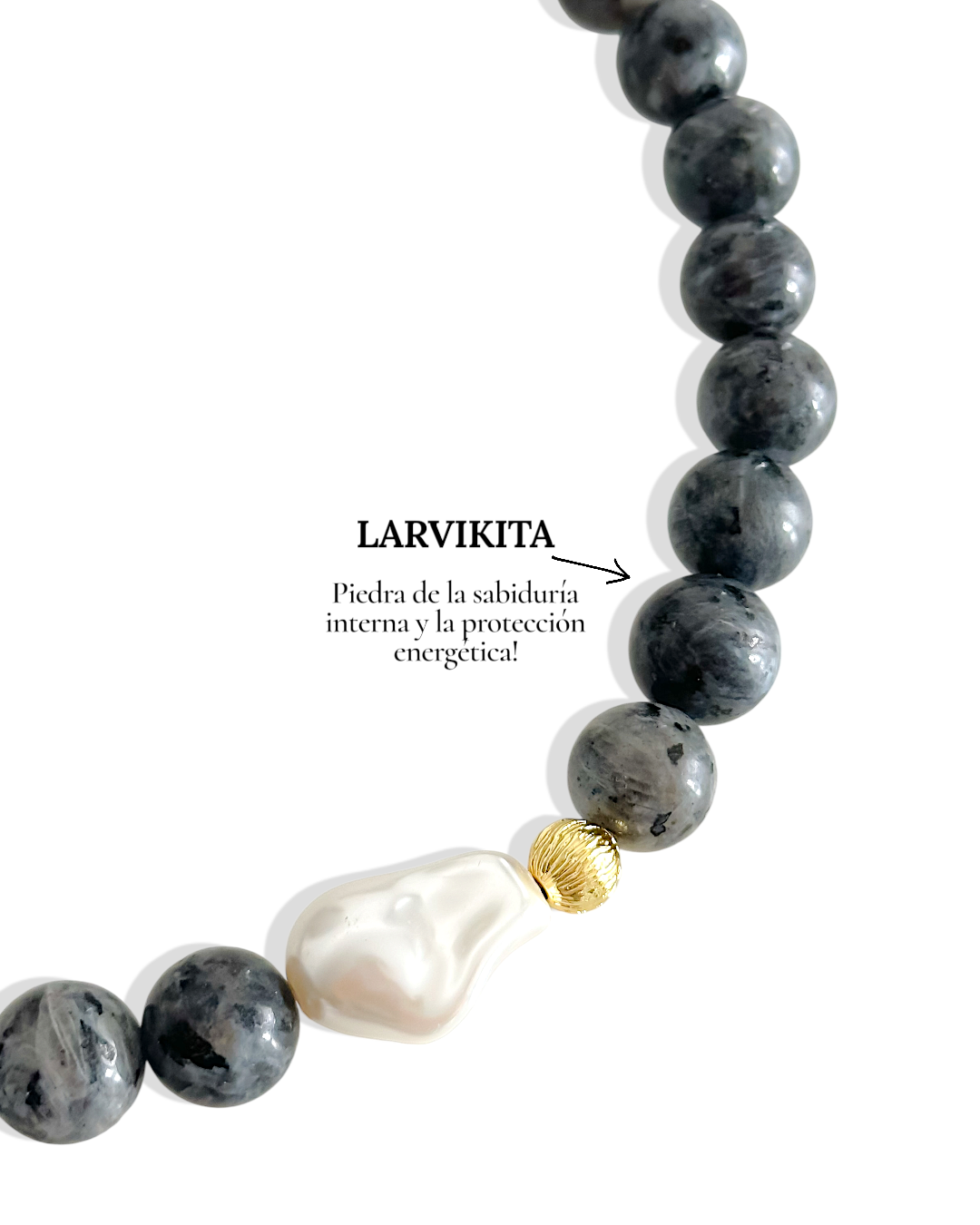Collar piedras naturales larvikita y perla barroca con detalles dorados joya statement - D'march Designs Chile