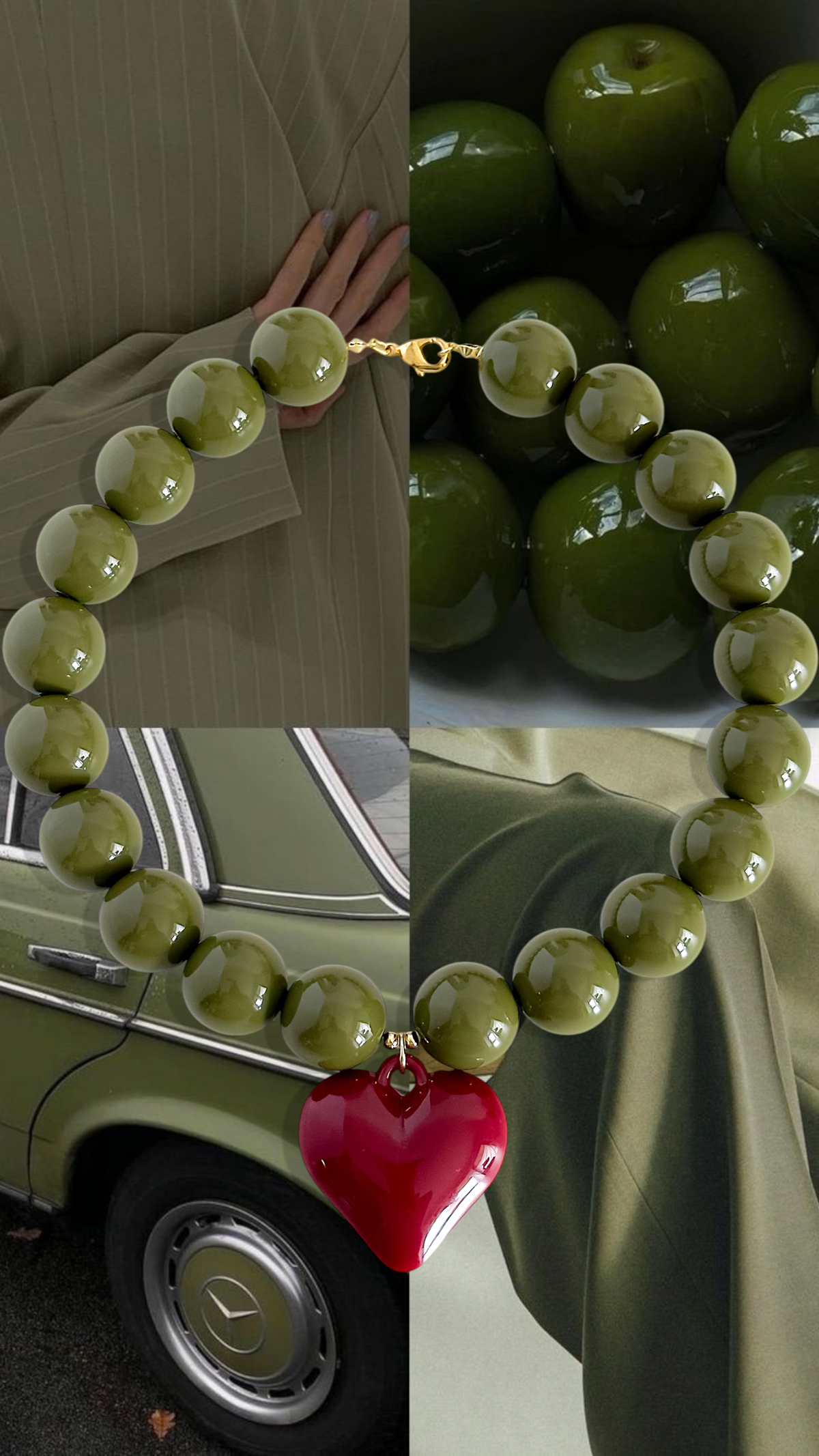 Collar verde oliva 18mm con dije corazón burdeo sobre fondo editorial verde enchapado en oro 18K - D'march Designs Chile