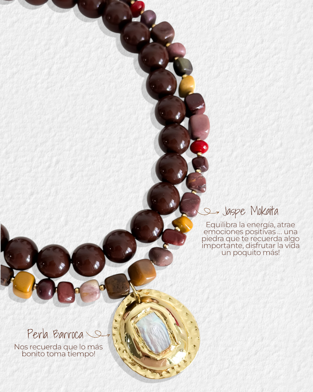 Descripción materiales collar otoño jaspe mokaita y perla barroca enchapado en oro 18K - D'march Designs Chile
