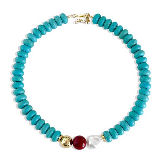 Collar turquesa metropolitan statement con cuentas rondell turquesa esfera dorada y perla barroca enchapado en oro 18K - D'march Designs Chile