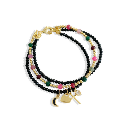 Pulsera 3 en 1 negra con charms enchapada en oro 18K hipoalergénica - D'march Designs Chile